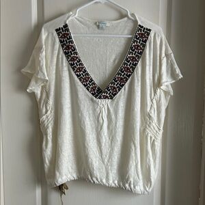 Sundance Cream V-Neck Tunic with Multicolor Embroidered Trim